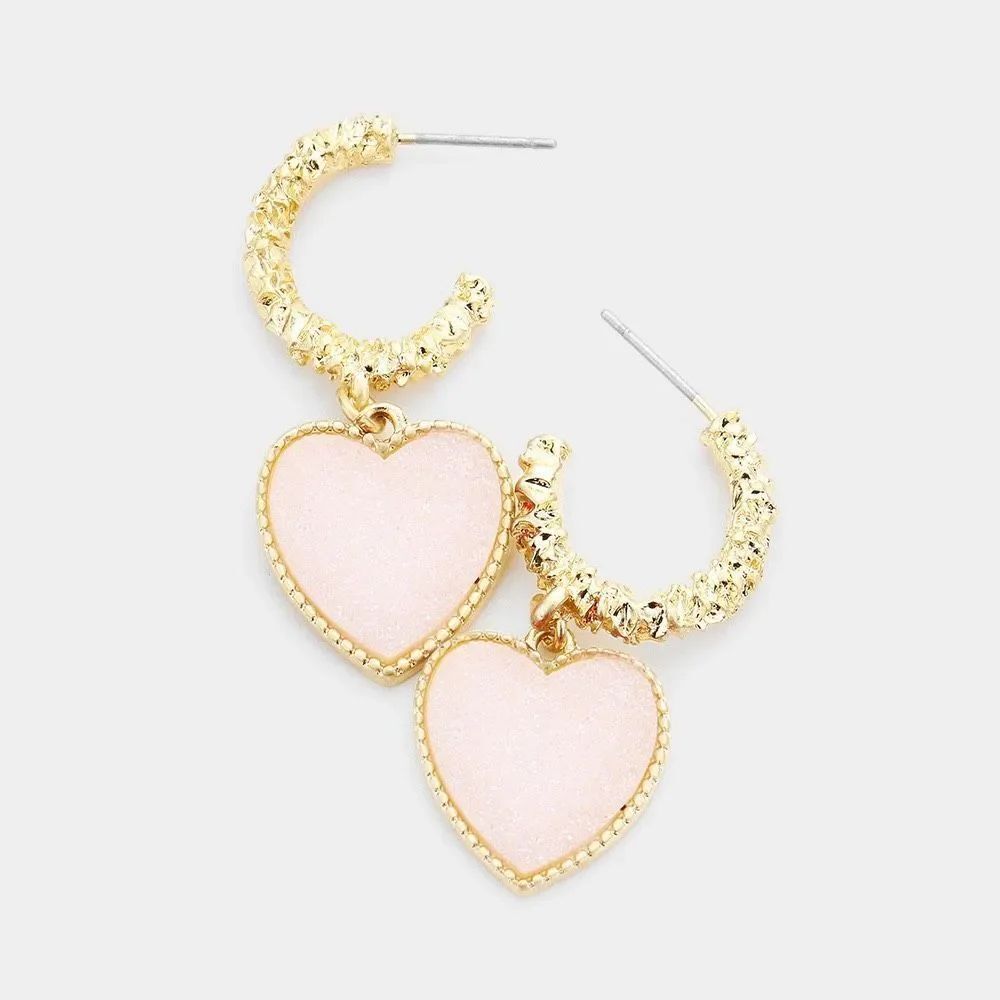 New Womens Boutique Textured Metal Half Hoop Pink Druzy Heart Dangle Earrings